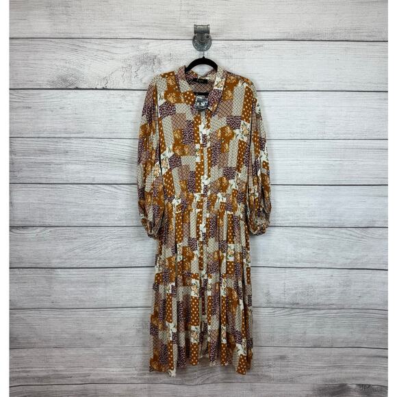Meritt Plus Size Floral Fall Orange Tan Waisted Midi Dress Size 3XL - Picture 1 of 12